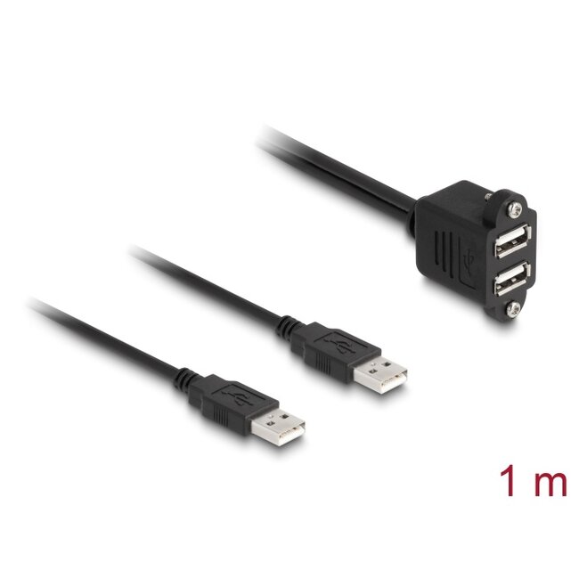 Delock USB 2.0 Cable 2 x USB Type-A male to 2 x USB Type-A female with screws for built-in 1 m black