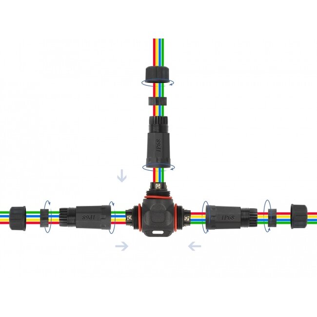Delock Cable connector T-shape for outdoor 4 pin, IP68 waterproof, screwable, cable diameter 4.5 - 7.5 mm black