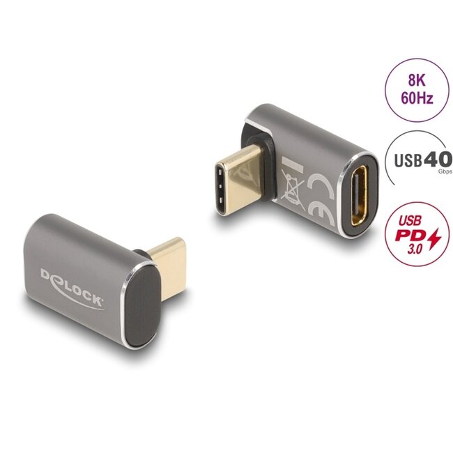 Delock USB Adapter 40 Gbps USB Type-C™ PD 3.0 100 W male to female angled 8K 60 Hz metal