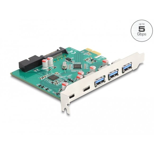 Delock USB 5 Gbps PCI Express x1 Card to 3 x external Type-A + 2 x external USB Type-C™ female and 1 x internal 19 pin USB pin header male