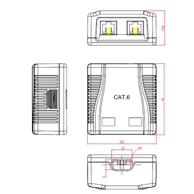 CAT6 UTP LAN-opbouwdoos, 2-poorts