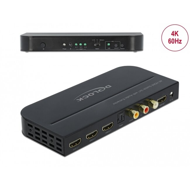 Delock HDMI Switch 3 x HDMI in to 1 x HDMI out 4K 60 Hz with Audio Extractor