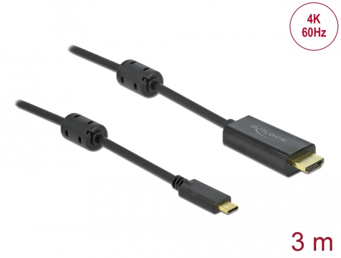 DeLOCK 85971. Snoerlengte: 3 m, Aansluiting 1: USB Type-C, Aansluiting 2: HDMI. Diameter van de kabel: 4,7 mm. Aantal per verpakking: 1 stuk(s), Type verpakking: Polybag