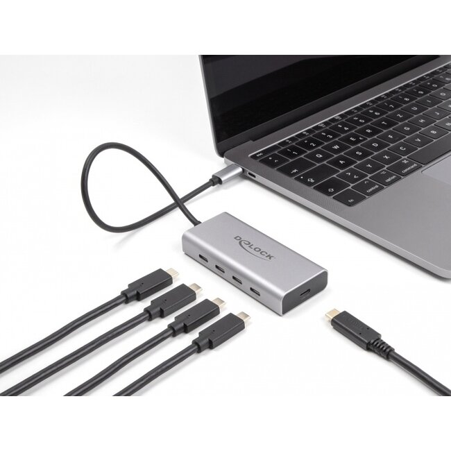 Delock USB 10 Gbps USB Type-C™ Hub with 4 x USB Type-C™ female + 1 x USB Type-C™ PD 85 Watt with 30 cm connection cable