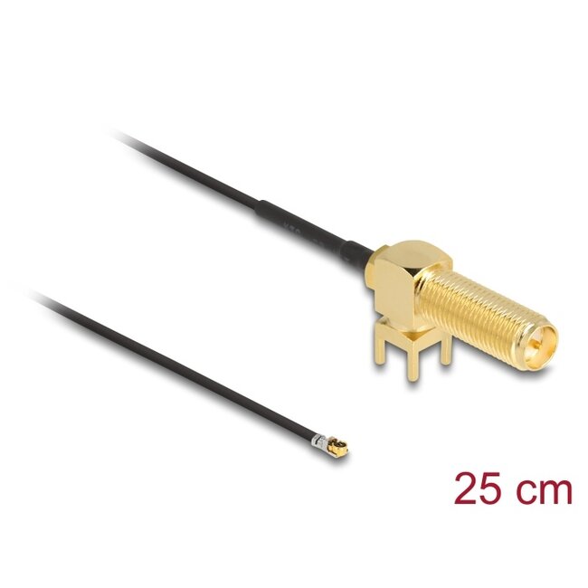 Delock Antenna Cable RP-SMA 90° PCB jack bulkhead to I-PEX Inc., MHF® 4L plug 1.13 25 cm thread length 15 mm