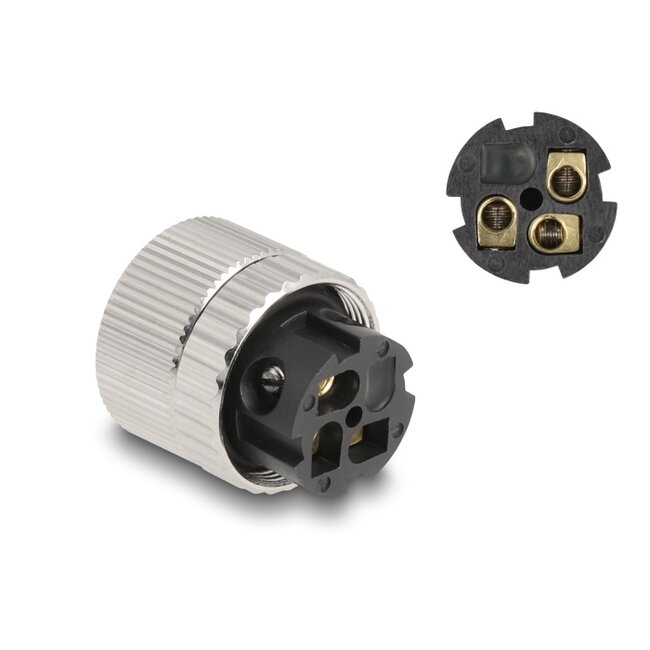 Delock M12 Connector A-coded 3 pin female for mounting with screw connection 90° angled metal