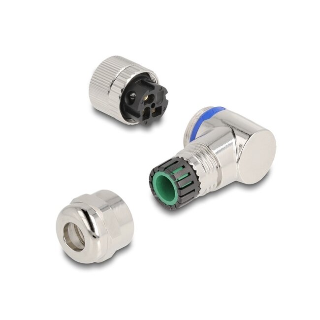 Delock M12 Connector A-coded 3 pin female for mounting with screw connection 90° angled metal