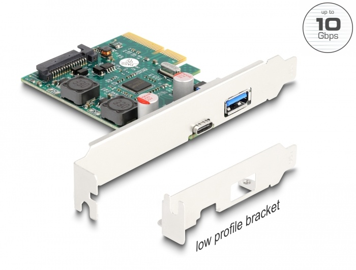 Delock PCI Express x4 Card to 1 x external USB 10 Gbps Type-C™ female + 1 x external USB 10 Gbps Type-A female - Low Profile Form Factor |