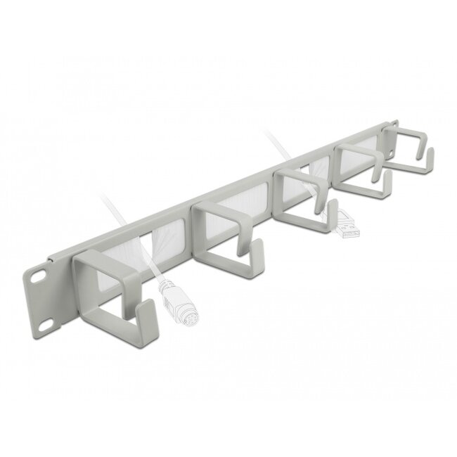 Delock 19″ Cable Management Brush Strip with 5 hooks 1U grey