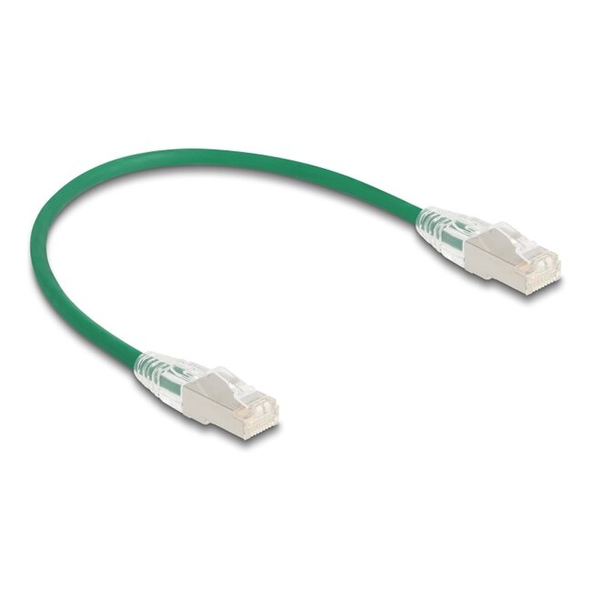 Delock RJ45 Network Cable Cat.6A plug to plug with curved latch U/FTP Slim 0.3 m green