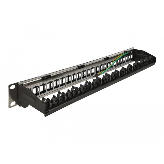 Delock 19″ Keystone Patch Panel 24 port with cable fixing rail, labelling field and dust protection 1U black