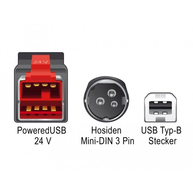 Delock PoweredUSB cable male 24 V > USB Type-B male + Hosiden Mini-DIN 3 pin male 5 m for POS printers and terminals