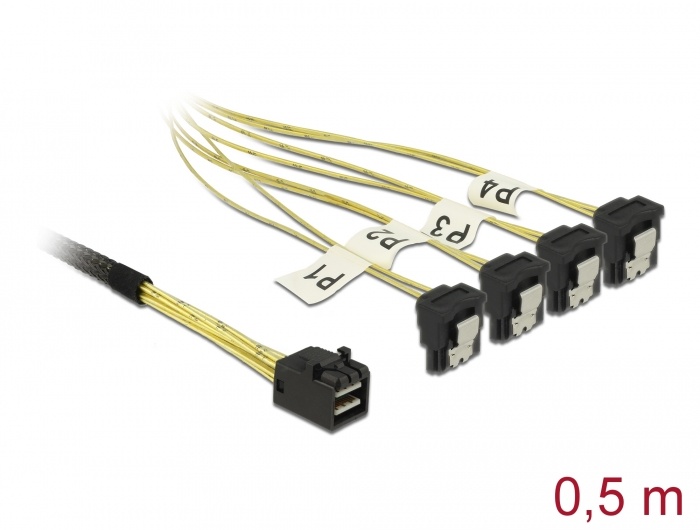 DeLOCK 85684. Snoerlengte: 0,5 m, Aansluiting 1: 1 x Mini SAS HD SFF-8643, Aansluiting 2: 4 x SATA 7 pin. Type verpakking: Polybag