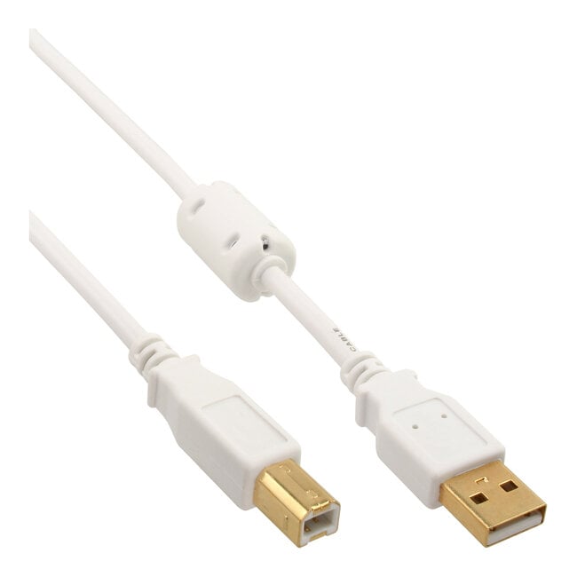 InLine® USB 2.0 Kabel, A an B, wit/gold, met Ferritkern, 1,5m