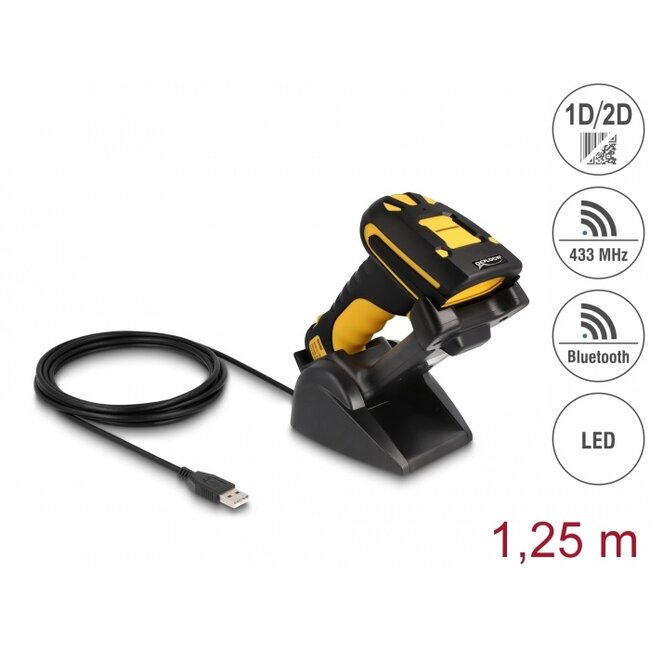 Delock Industrial Barcode Scanner 1D and 2D for 433 MHz or Bluetooth with inductive charging station