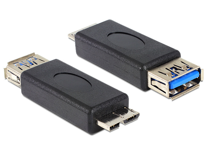 DeLOCK USB 3.0 Adapter. Aansluiting 1: USB 3.0-A FM, Aansluiting 2: micro USB 3.0-B M, Contact geleider materiaal: Goud. Kleur van het product: Zwart