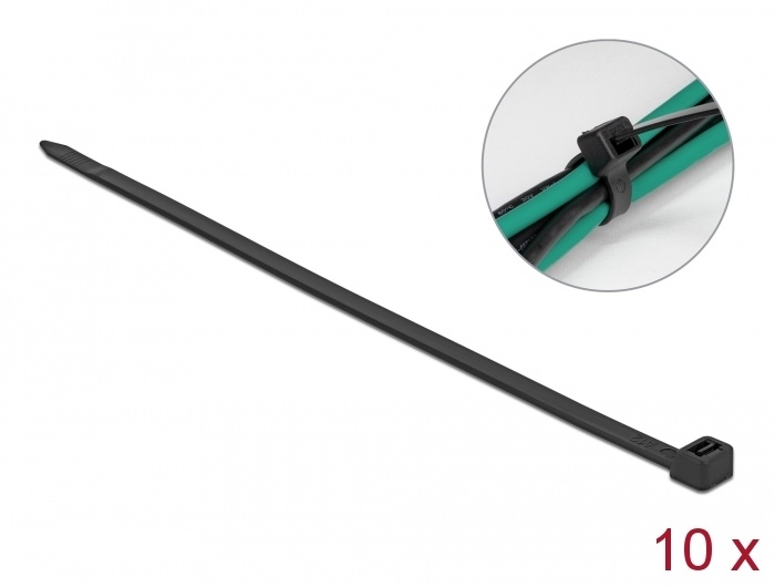 DeLOCK 19725. Materiaal: Nylon, Kleur van het product: Zwart, Maximale diameter bundel: 29,5 cm. Lengte: 102 cm, Breedte: 9 mm. Aantal per verpakking: 10 stuk(s)