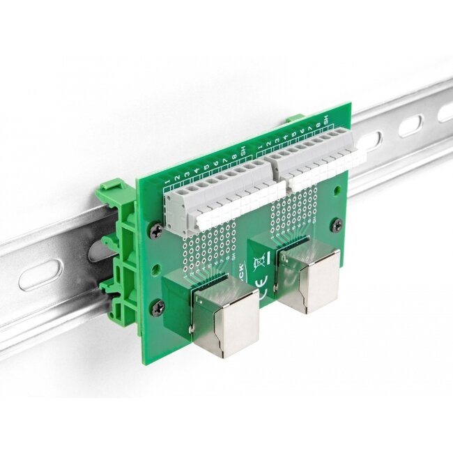 Delock RJ45 2 x female to 2 x Terminal Block with push-button for DIN rail