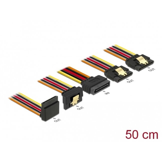 Delock Cable SATA 15 pin power plug with latching function > SATA 15 pin power receptacle 2 x straight / 1 x down / 1 x up 50 cm