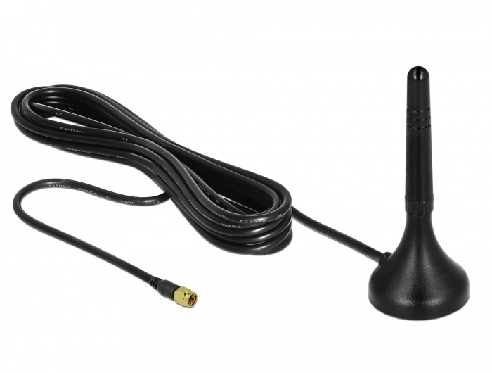Delock LTE Antenna SMA plug 1 - 2 dBi fixed omnidirectional with magnetic base and connection cable RG-174 A/U 3 m outdoor black |