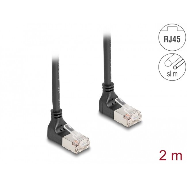 Delock RJ45 Network Cable Cat.6A S/FTP Slim 90° upwards / upwards angled 2 m black