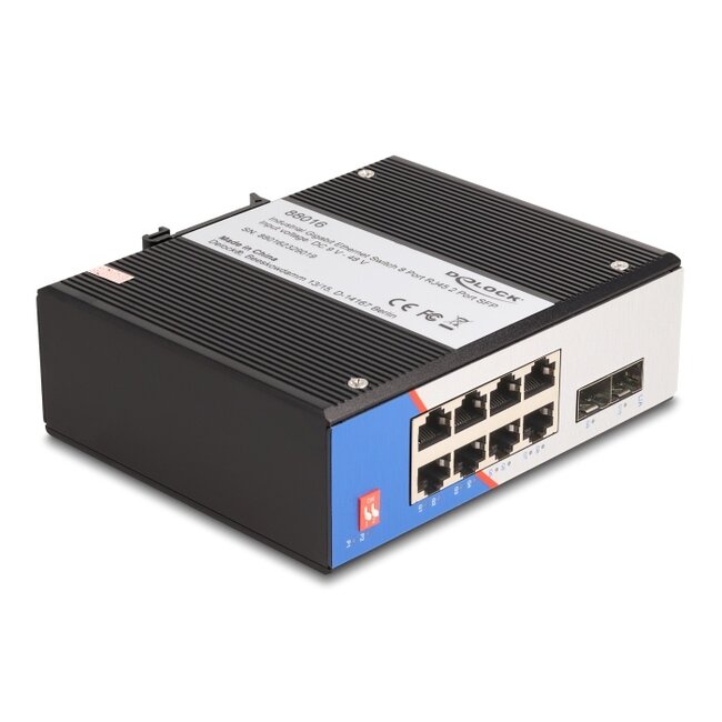 Delock Industrial Gigabit Ethernet Switch 8 Port RJ45 2 Port SFP for DIN rail