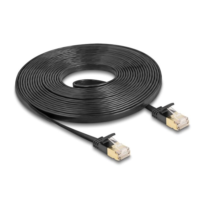 Delock RJ45 Network Cable Cat.6A plug to plug with robust latch and Cat.7 raw flat cable U/FTP 5 m black