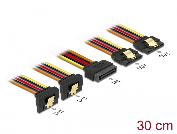 DeLOCK 60151. Snoerlengte: 0,3 m, Aansluiting 1: 4 x SATA 15-pins, Aansluiting 2: SATA 15-pin. Type verpakking: Polybag