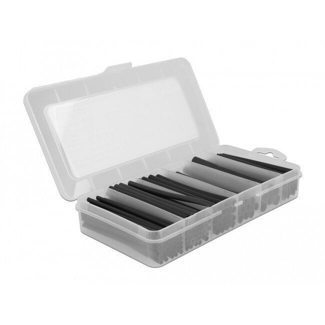 Delock Heat shrink tube assortment box, dual wall with inside adhesive, shrinkage ratio 3:1 and 4:1, black 116 pieces