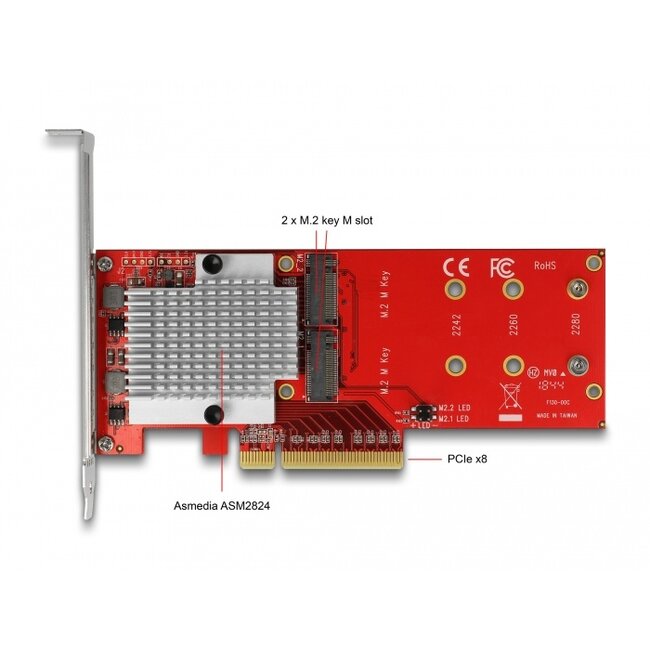 Delock PCI Express x8 Card to 2 x internal NVMe M.2 Key M - Low Profile Form Factor