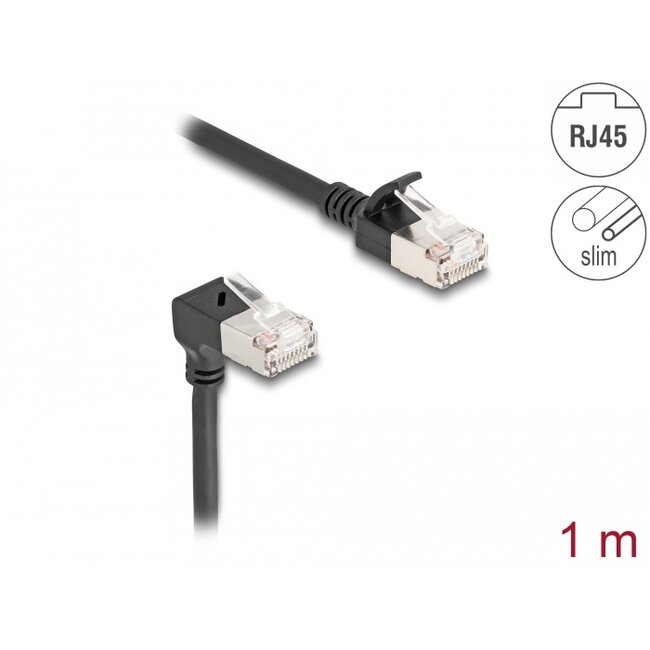 Delock RJ45 Network Cable Cat.6A S/FTP Slim 90° downwards angled / straight 1 m black