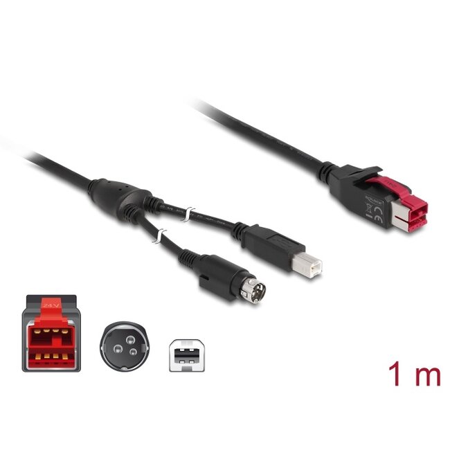 Delock PoweredUSB cable male 24 V > USB Type-B male + Hosiden Mini-DIN 3 pin male 1 m for POS printers and terminals