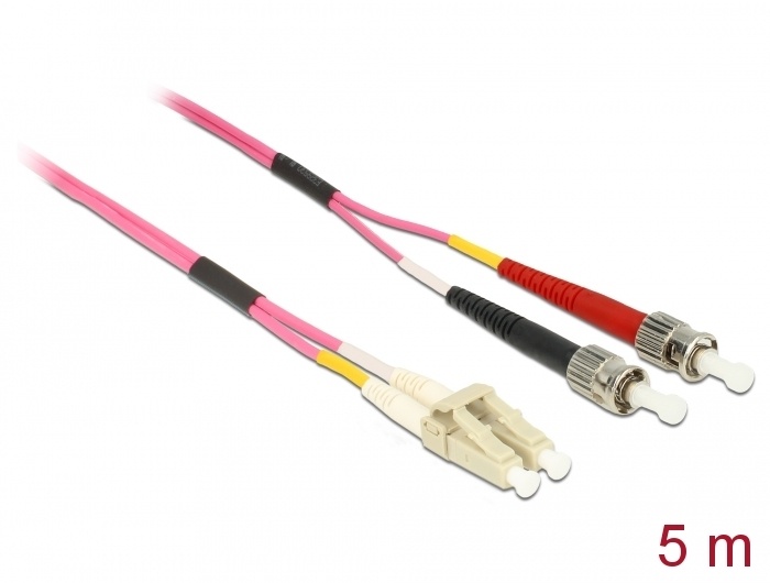 DeLOCK LC - ST, 5m. Lengte snoer: 5 m. Aansluiting 1: LC, Aansluiting 2: ST, Kern diameter: 50 µm, Full duplex, Kleur kabel: Violet
