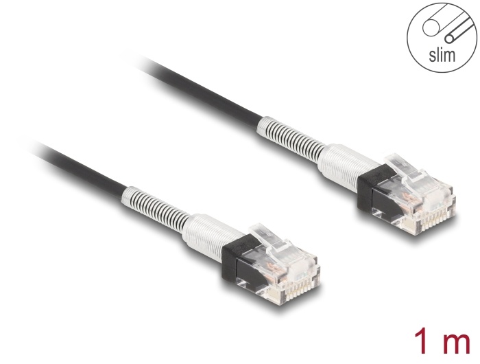 Delock RJ45 Network Cable with double bend protection Cat.6A UTP Slim 1 m black |