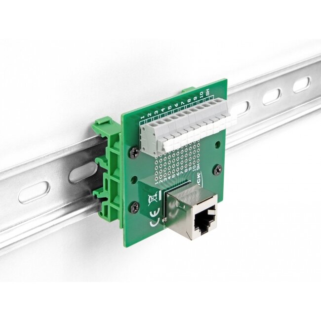 Delock RJ50 female to Terminal Block with push-button for DIN rail angled