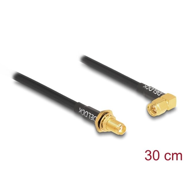 Delock Antenna Cable SMA jack bulkhead splash proof to SMA plug 90° RG-58 30 cm