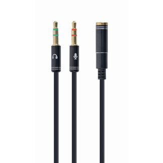 Cablexpert 3.5 mm stereo + microfoon naar 4-pins 2x 3.5 mm adapterkabel, zwart, metalen connectoren