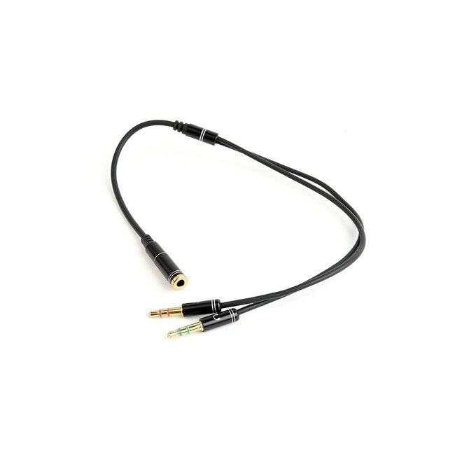 3.5 mm stereo + microfoon naar 4-pins 2x 3.5 mm adapterkabel, zwart, metalen connectoren