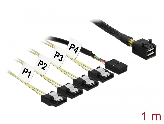 DeLOCK 1m, Mini SAS HD SFF-8643/4xSATA 7p. Lengte snoer: 1 m, Sexe: Mannelijk/Vrouwelijk. Kleur van het product: Zwart, Zilver, Geel. Aansluiting 1: Mini SAS HD SFF-8643, Aansluiti