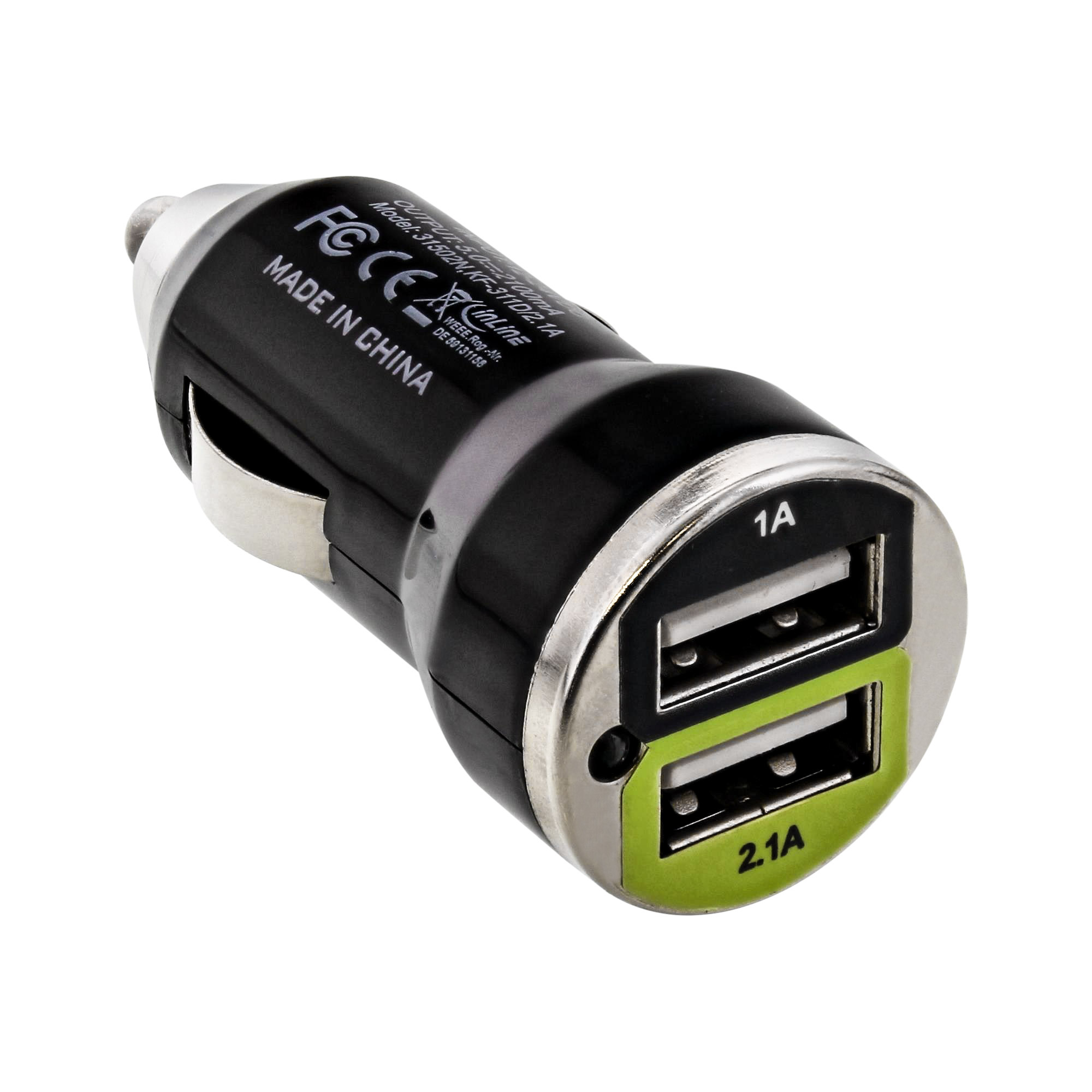 InLine Dubbele USB Autolader - 10W - 2x USB-A - Zwart/Groen