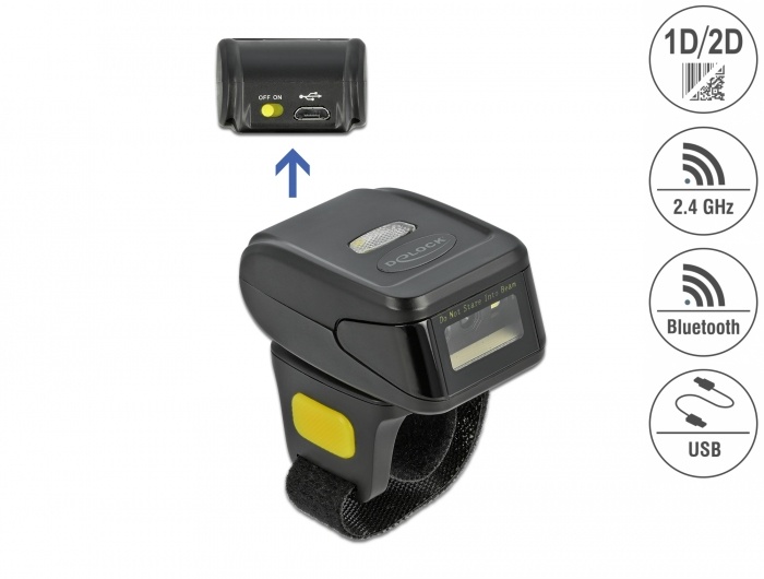 DeLOCK Ring Barcode Scanner 1D and 2D with 2.4 GHz or Bluetooth. Soort: Draagbare penstreepjescodelezer, Soort scanner: 1D/2D, Type beeldsensor: CMOS. Connectiviteitstechnologie: D