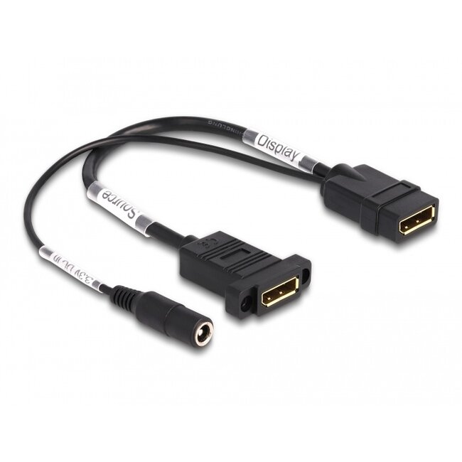 Delock DisplayPort Cable 4K 60 Hz with DC feed 2.1 x 5.5 mm 0.30 m panel-mount