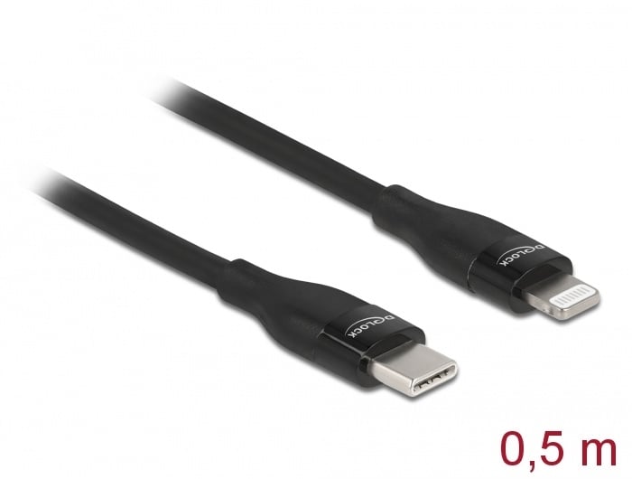 DeLOCK 86636, 0,5 m, USB C, USB C/Lightning, USB 2.0, 480 Mbit/s, Zwart