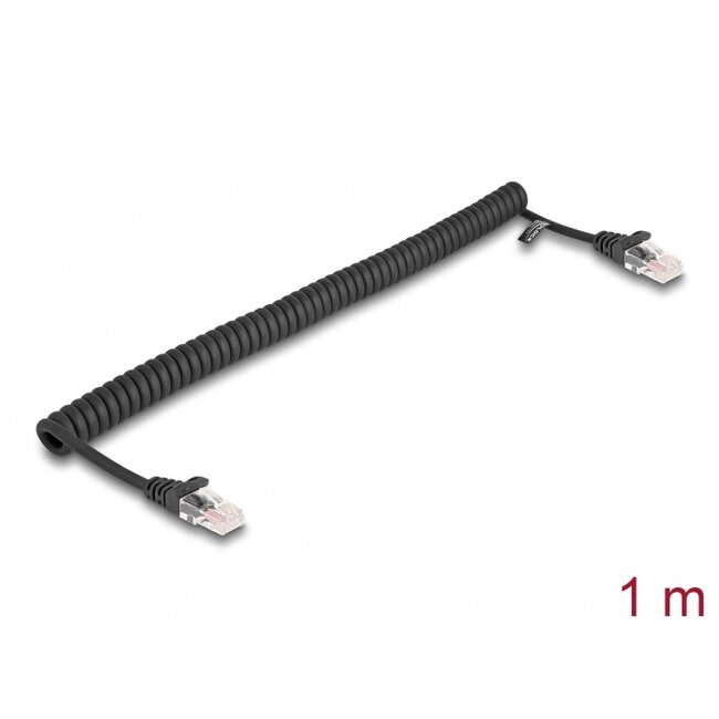 Delock RJ45 Coiled Cable male to male Cat.5e 1 m black