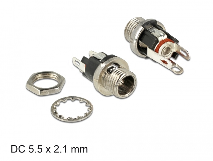 DeLOCK 89910. Aansluiting(en): DC, Kleur van het product: Zwart, Nikkel, Contact geleider materiaal: Nikkel. Binnen afmeting (diameter): 2,1 mm, Outer diameter: 5,5 mm. Aantal per