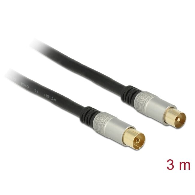 Delock Antenna Cable IEC Plug > IEC Jack RG-6/U quad shield 3 m black Premium