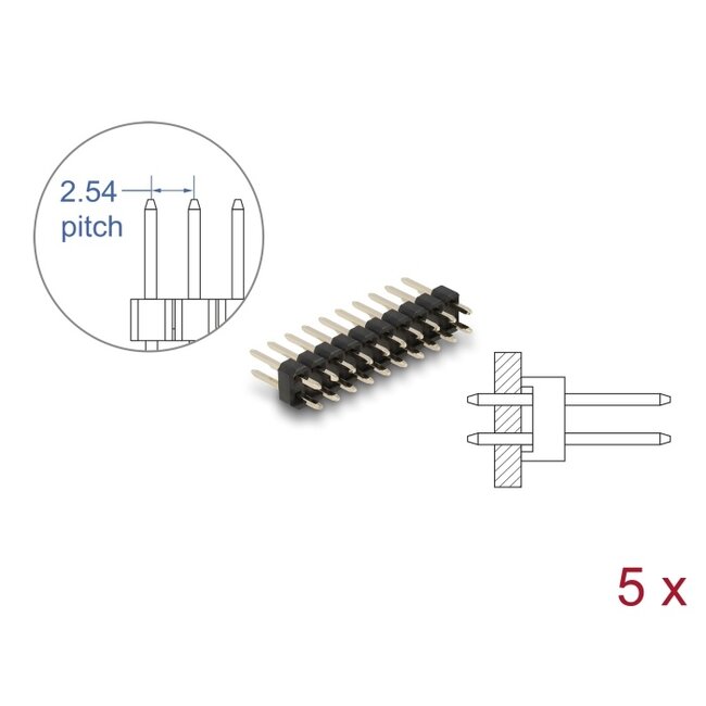 Delock Pin header 10 pin, pitch 2.54 mm, 2-row, straight, 5 pieces