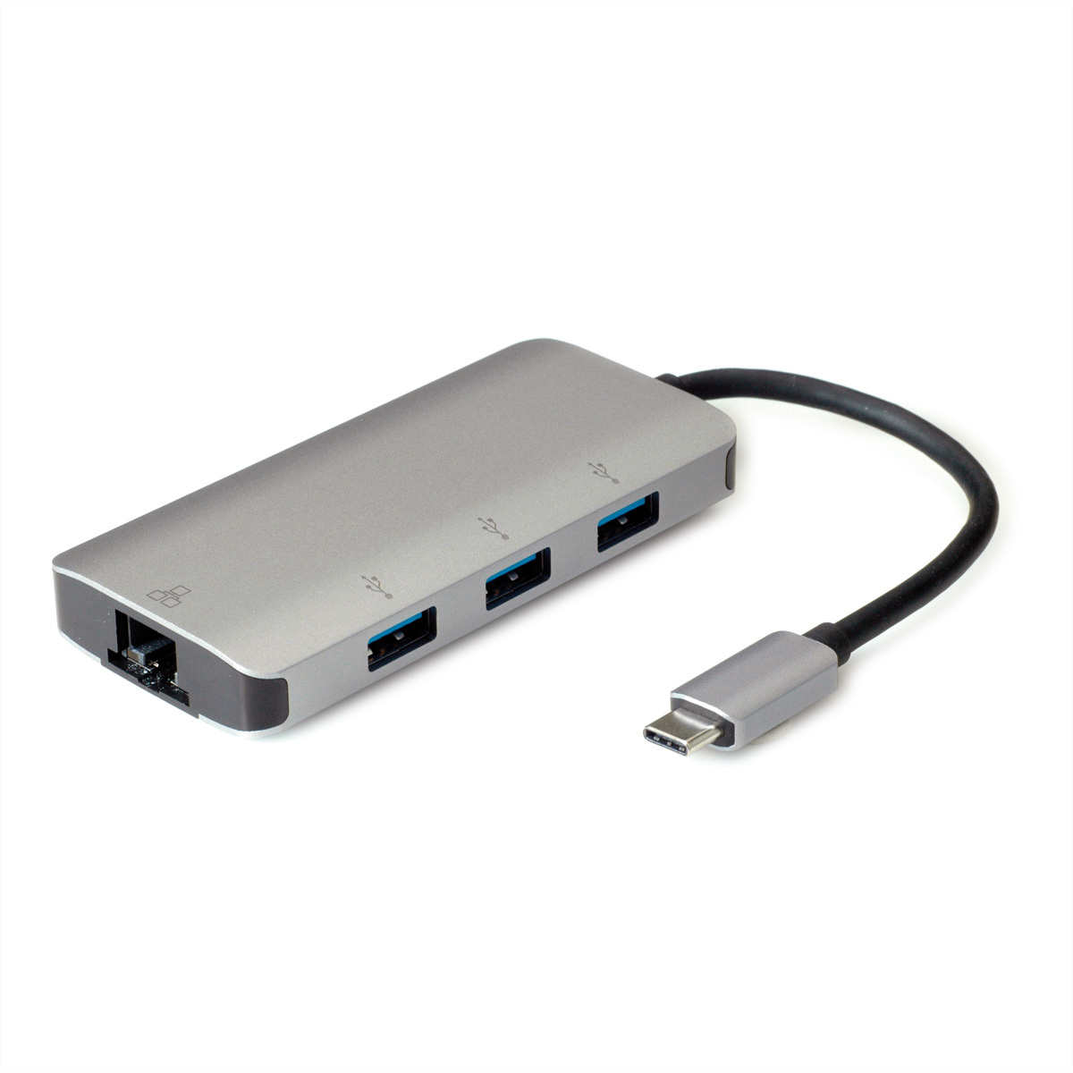 Roline ROLINE 12.02.1108. Hostinterface: USB 3.2 Gen 1 (3.1 Gen 1) Type-C, Hub-interfaces: RJ-45, USB 3.2 Gen 1 (3.1 Gen 1) Type-A. Kleur van het product: Grijs, LED-indicatoren: L