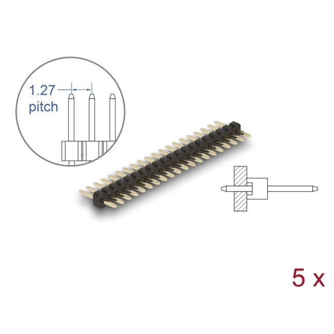 Delock Pin header 20 pin, pitch 1.27 mm, 1-row, straight, 5 pieces