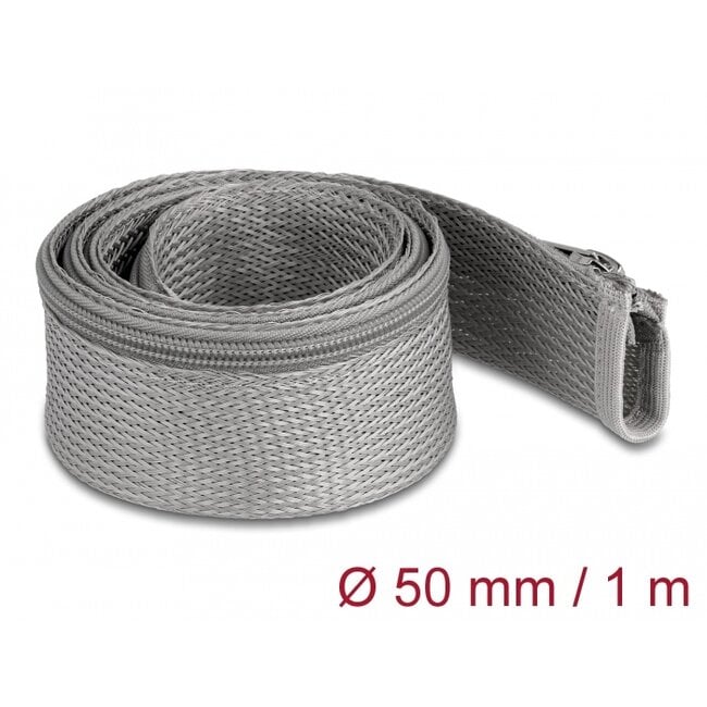 Delock Braided Sleeve with zip fastener heat-resistant 1 m x 50 mm grey